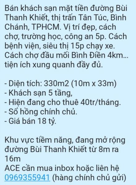 Bán Khách Sạn 5 Tầng Mt Bùi Thanh Khiết, Thị Trấn Tân Túc, 330M2 Shcc 18 Tỷ. Lh:0969355941 - 12945715