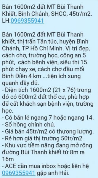 Bán 1600M2 Đất Mt Bùi Thanh Khiết, Bình Chánh, Shcc, 45Tr/M2. Lh:0969355941 - 12947263