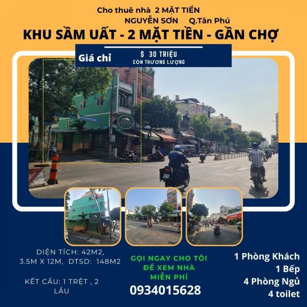 Cho Thuê Nhà 2 Mặt Tiền Nguyễn Sơn 42M2, 2 Lầu, 30 Triệu - Gần Chợ - 13106584